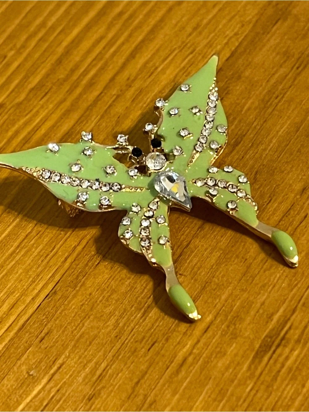 Mint green monarch butterfly brooch gold tone mintgreen enamel rhinestone 1 1/2”